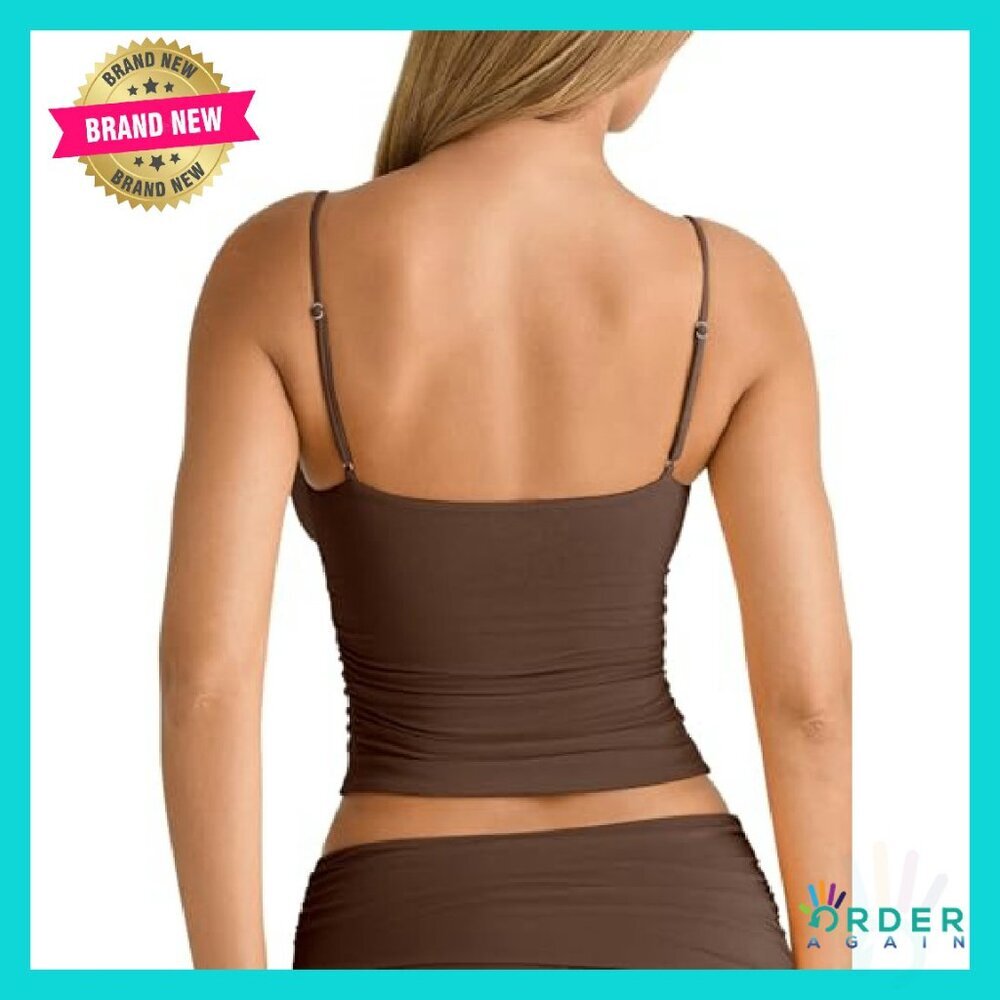 V Neck Ruched Cami Crop Top Double Layer Fitted Y2K Chic Sexy - Picture 7 of 8